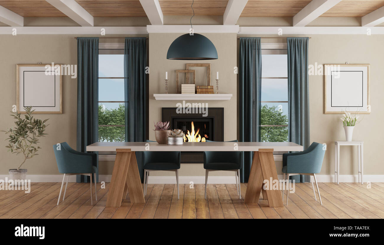 Modern dining table chairs in a claasic home interior with fireplace - 3d rendering Stock Photo
