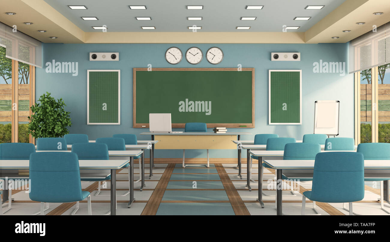 Empty modern classrom with teacher desk , school desk and blackboard - 3d rendering Stock Photo