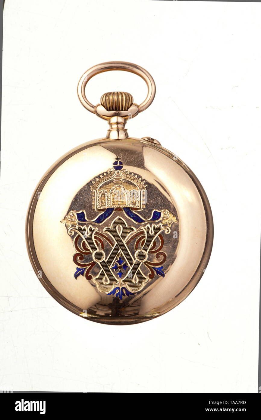 Kaiser Wilhelm II - a golden gift pocket watch, circa 1890 Eppner Brothers,  Berlin, .585 fine gold. Fully functional, jewelled movement, precision  watch mechanism. White enamelled clock face with Arabic numbers, separate