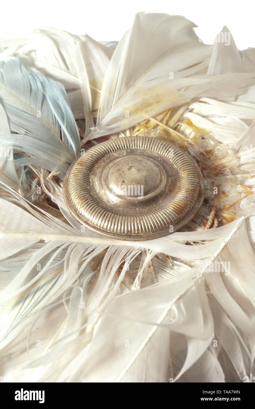 A plume and funnel for the helmet M 1902 and M 1913 One piece white and blue capon feather bush (soiled), silver fluted funnel and protective cardboard box. historic, historical, Bavaria, Bavarian, German, Germany, Southern Germany, the South of Germany, object, objects, stills, militaria, clipping, cut out, cut-out, cut-outs, 20th century, Additional-Rights-Clearance-Info-Not-Available Stock Photo