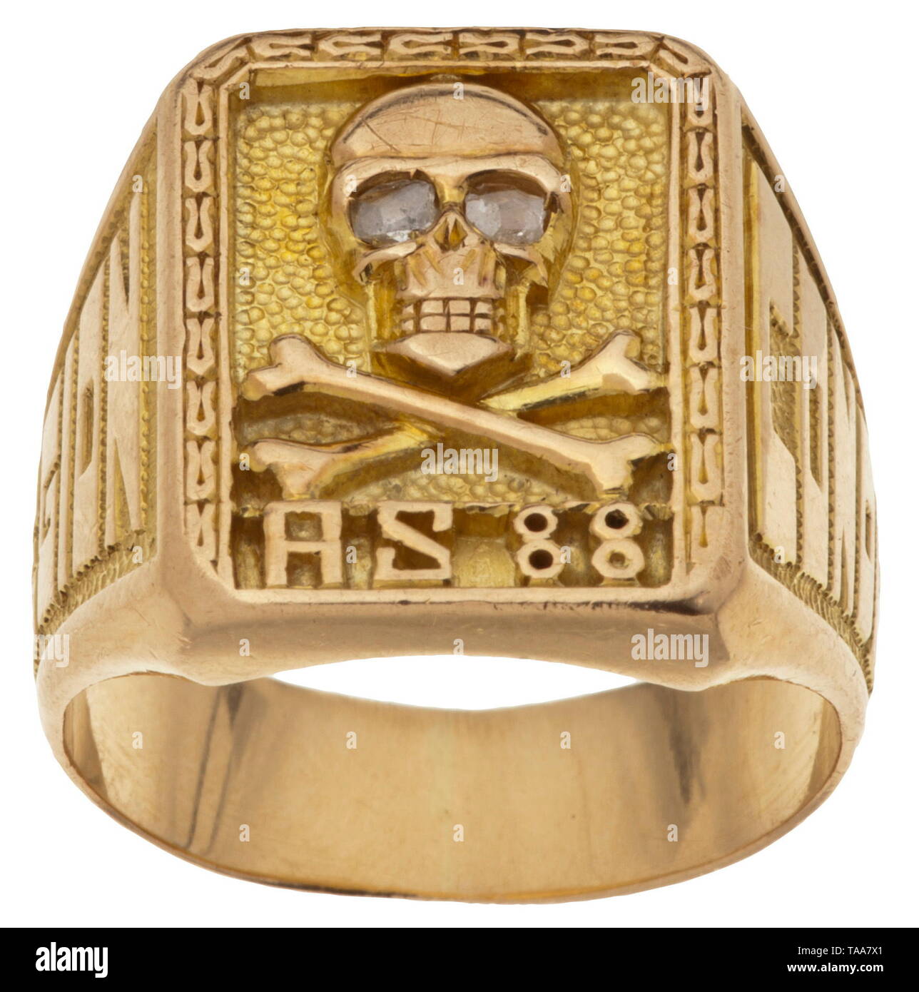 A Condor Legion honour ring Handwork in .750 yellow gold, relief-work, punched, at top a death's head with diamond eyes and crossed bones, below 'AS 88' for Staffel 88 (sea reconnaissance), laterally the lettering 'Legion' and 'Condor'. The inner surface of the ring band engraved 'B.S.'. Light signs of usage and age. Weight 19.4 g. Awarded by Hermann Göring to the eleven Staffel 88 pilots for exceptional merit. historic, historical, Wehrmacht, armed forces, unit, units, troop, troops, NS, National Socialism, Nazism, Third Reich, German Reich, military, militaria, National S, Editorial-Use-Only Stock Photo