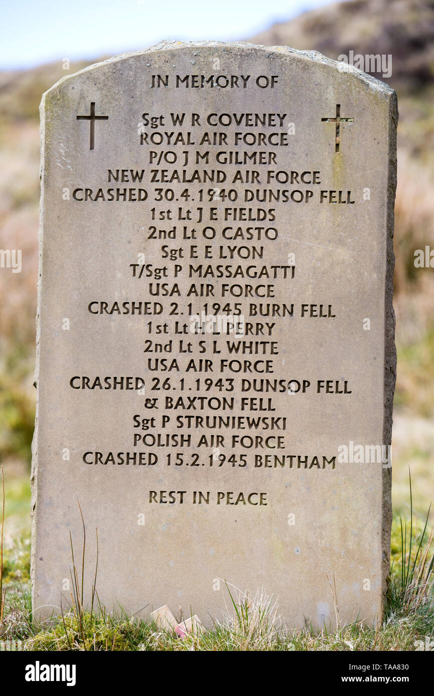 A memorial to crashed planes in Croasedale in the Forest of Bowland near Slaidburn, Lancashire, UK. Stock Photo