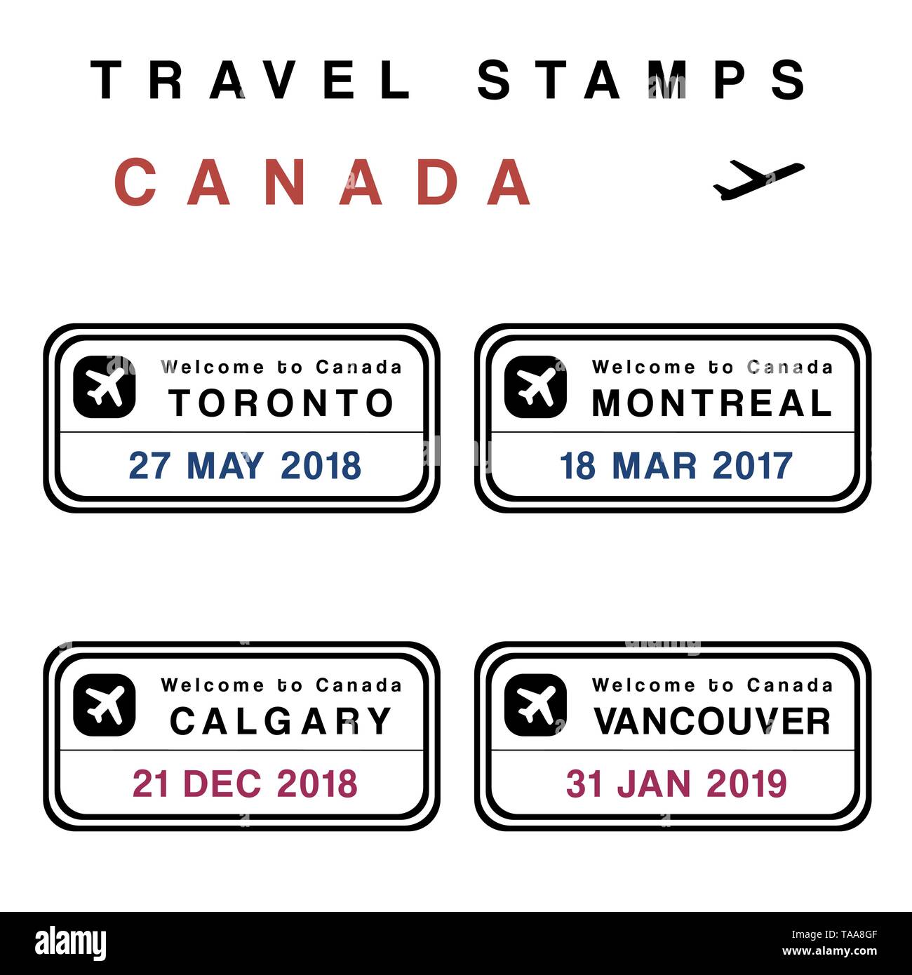Travel vector - passport stamps set (fictitious stamps). Canada destinations: Toronto, Montreal, Calgary and Vancouver. Stock Vector