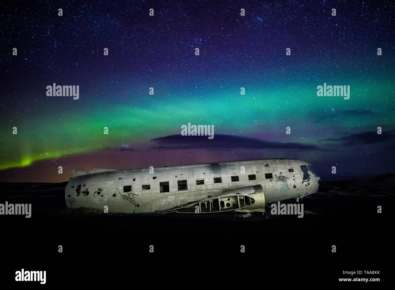 The crashed DC3 Plane wreck with Northern Lights & Aurora Borealis at