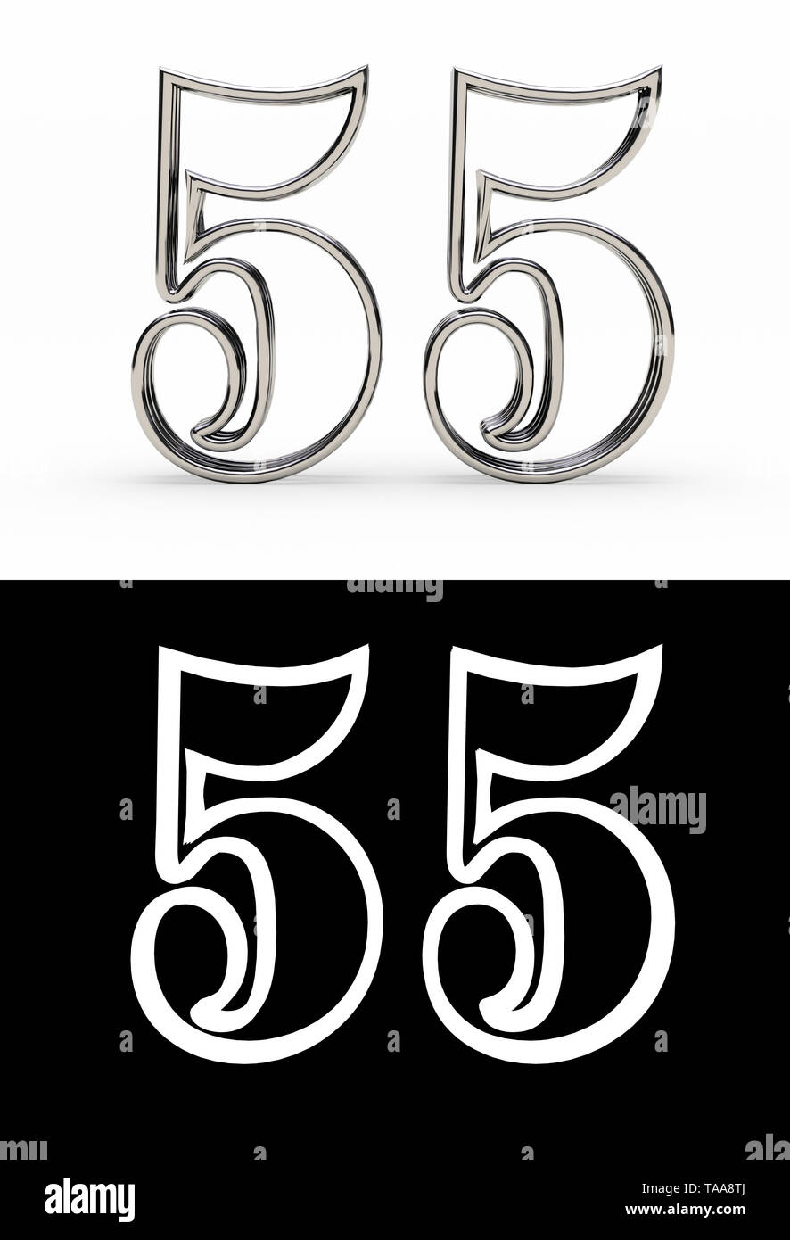 Silver number fifty five years (number 55 years) with shadow front Silver number fifty five years (number 55 years) with shadow front