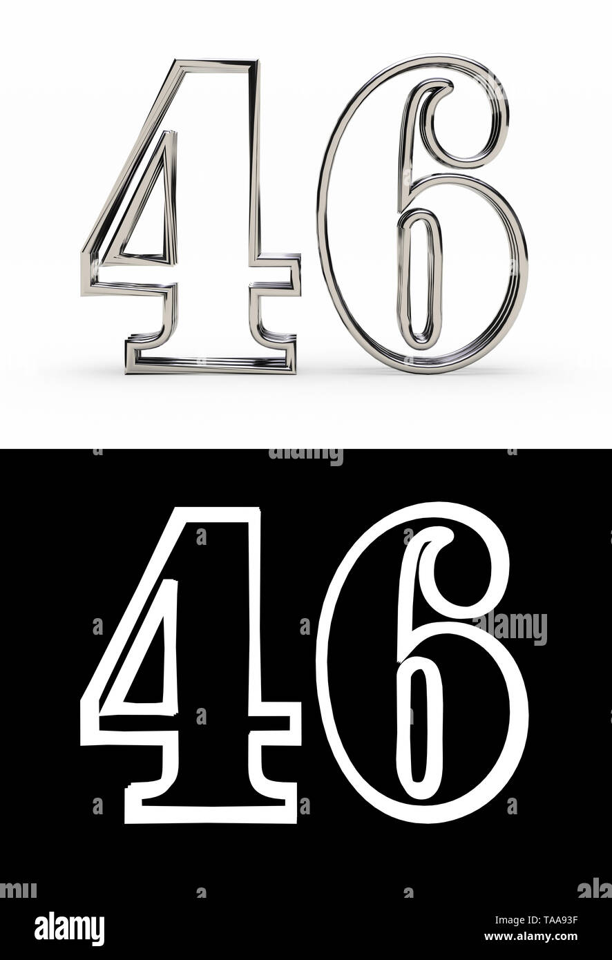 Silver number forty-six years (number 46 years) with shadow, front view, with alpha channel. 3D illustration Stock Photo