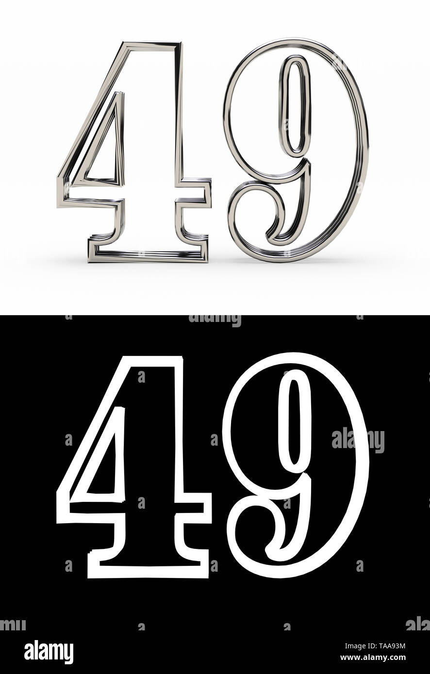 Silver number forty-nine years (number 49 years) with shadow, front view, with alpha channel. 3D illustration Stock Photo