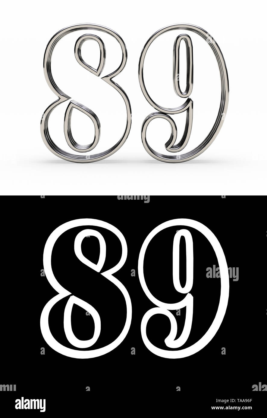 Silver number eighty-nine years (number 89 years) with shadow, front view, with alpha channel. 3D illustration Stock Photo