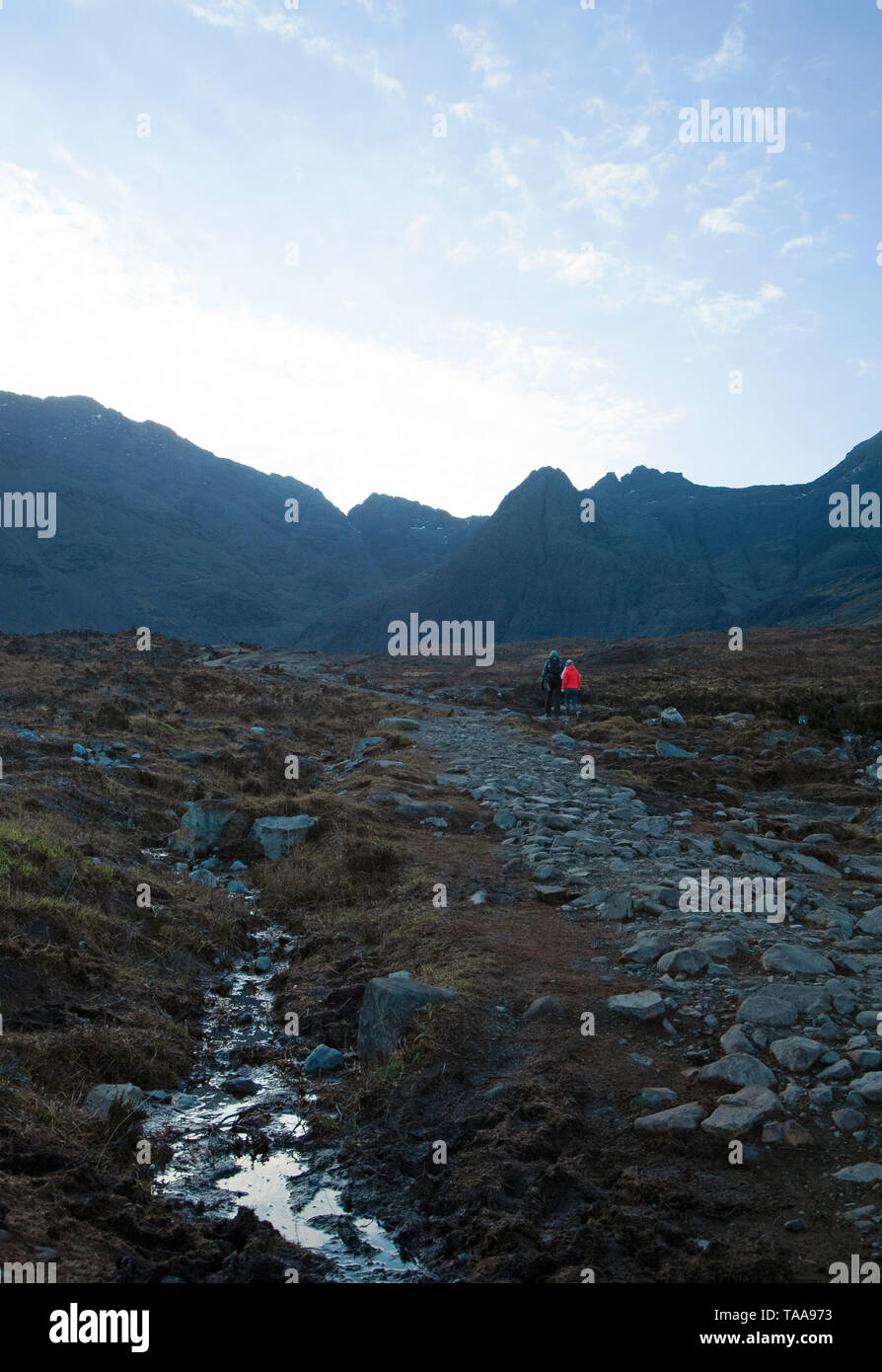 Two hikers heading up the River Brittle planning to hike into the foothills of the Black Cullins and the ridge line of Sgurr Alasdair. Stock Photo