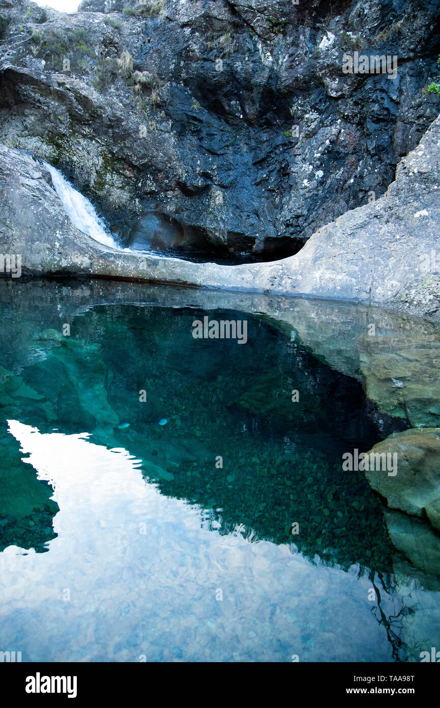 Fairy Pool on the River Brittle which flows along Glen Brittle on the Isle of Syke. Fed by a waterfall with crystal clear water and an underwater arch Stock Photo