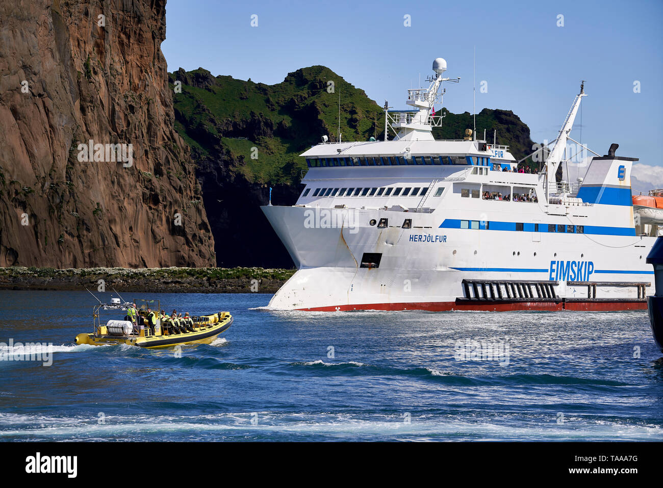 Speedboat and Ferryboat, Heimaey, Westman Islands, Iceland Stock Photo