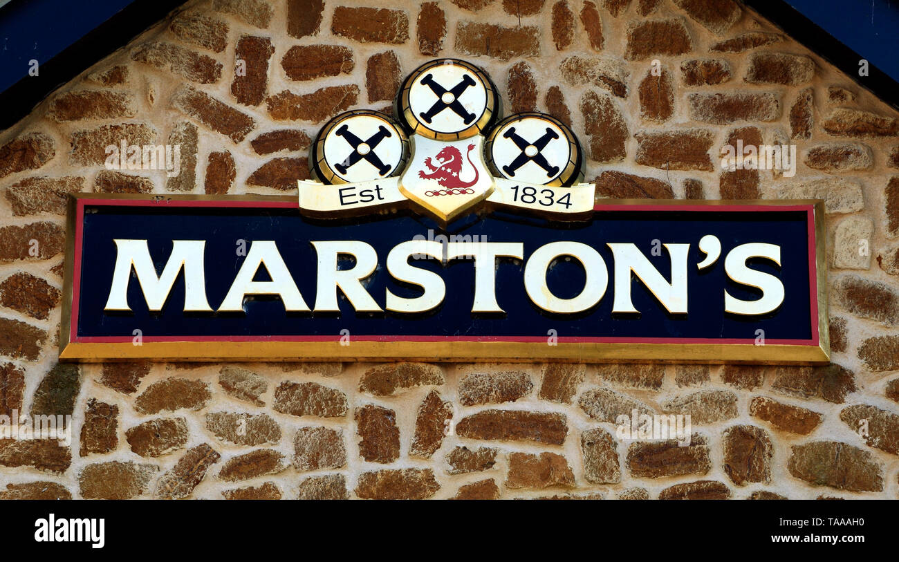 Marston's, Brewers, Brewery Company, logo, sign, 3 barrels, Norfolk, UK Stock Photo
