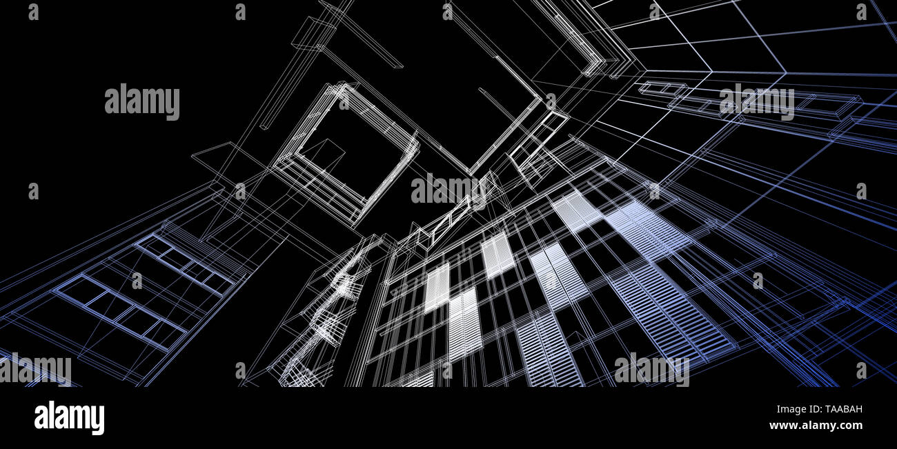 Architecture building space design concept 3d perspective gradient color wire frame rendering black background. For abstract background or wallpaper d Stock Photo
