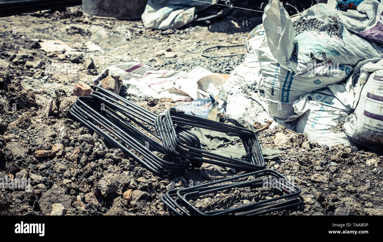 Bending round bar steel rebar on construction site are component of