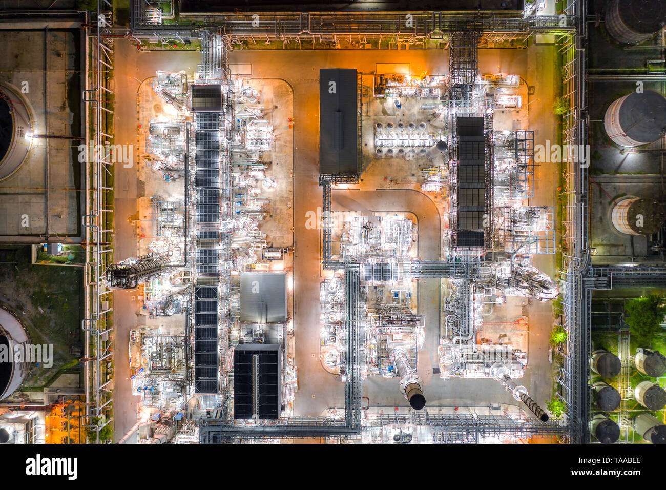 Aerial view of Oil and gas industry - refinery at twilight Stock Photo