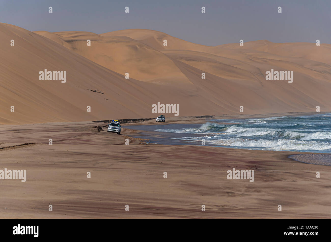 Tourist vehicles travel along the Namibian coast in a special tour conducted in a restricted area. Stock Photo