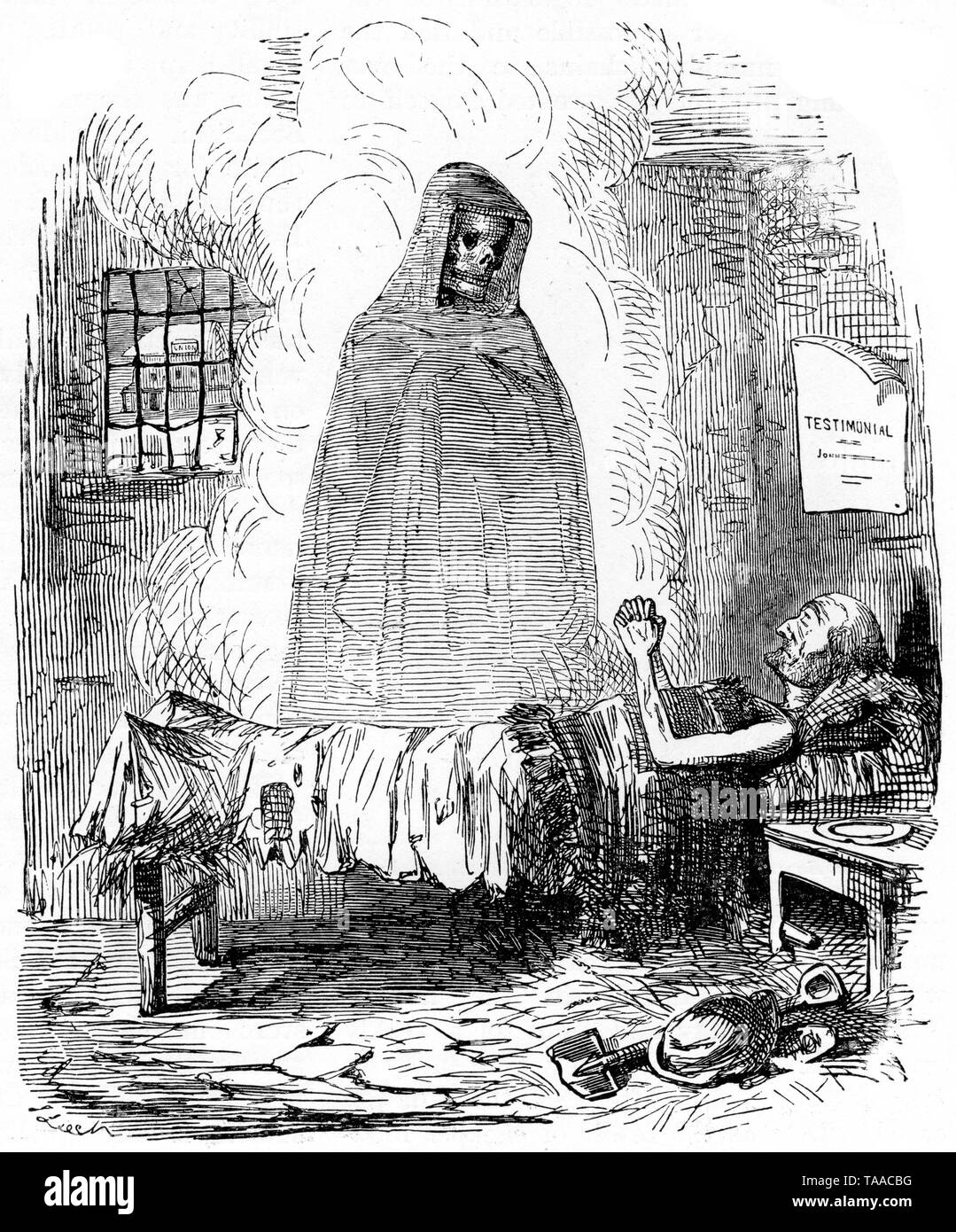 The Poor Man's Friend (The Hungry 'Forties), 1845. A 'Punch', cartoon by John Leech. Leech shows Death as the friend of the old, sick, unemployed and underprivileged. He shows death as a preferred option to the Workhouse. Stock Photo