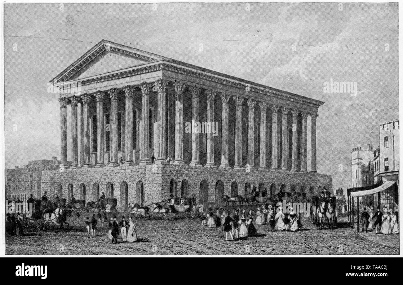 Birmingham Town Hall pictured in the year of it's opening, 1834. Birmingham Town Hall is seen as the first significant work of the 19th century revival of Roman architecture. The design being based on the proportions of the Temple of Castor and Pollux in the Roman Forum. Construction began in 1832 under the architects Joseph Hansom (1803-1882) and Edward Welch (1806-1868). Stock Photo