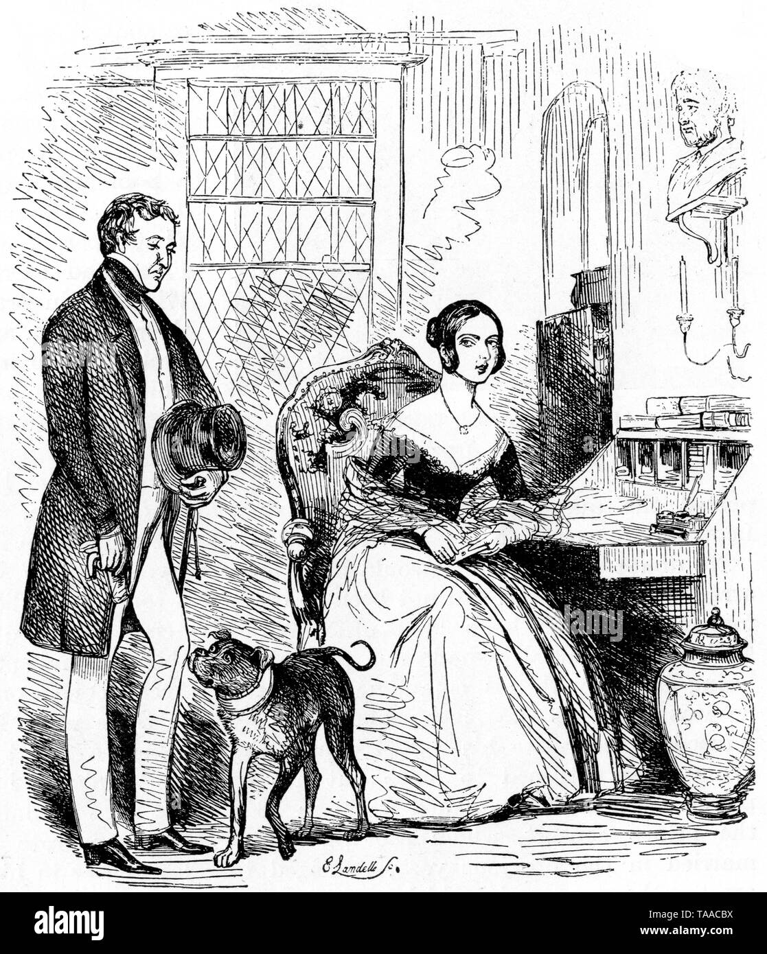 'The Letter of Introduction', 1841. By Ebenezer Landells (1808-1860) for 'Punch', 5th September 1841. Sir Robert Peel (1788-1850) being asked to form a government by Queen Victoria (1819-1901). This was Peel's second term as Prime Minister which lasted until 1846. Amongst other things Peel is remembered for helping create the modern police force, leading to officers being known as 'Bobbies' (in England) and 'Peelers' (in Northern Ireland). Stock Photo
