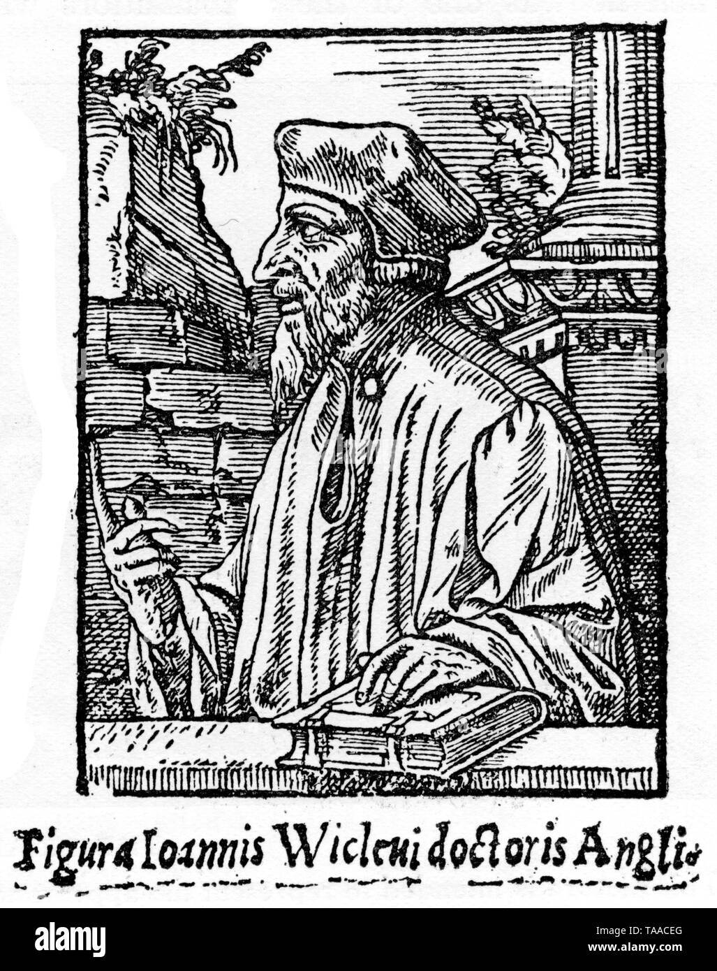 John Wycliffe (c1320-1384). This is the earliest known 'portrait' of the Reformer and is taken from John Bale's (1495-1563) Illustrium Maioris Britanniae scriptorum summarium, 1548. Stock Photo