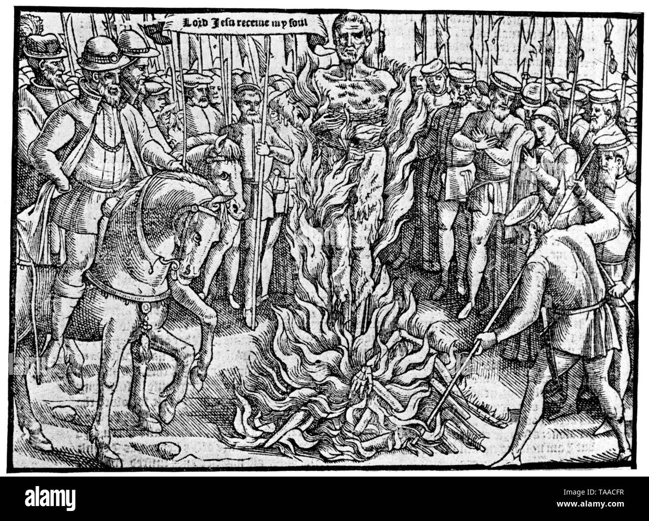 The Burning of Bishop Hooper (c1495-1555) at Gloucester, 9th February 1555. From John Foxe's 'Book of Martyrs' or 'Actes and Monuments', 1570. Hooper was an Anglican Bishop of both Gloucester and Worcester. He was an advocate of the English Reformation and was martyred during the Marian Persecutions. Stock Photo
