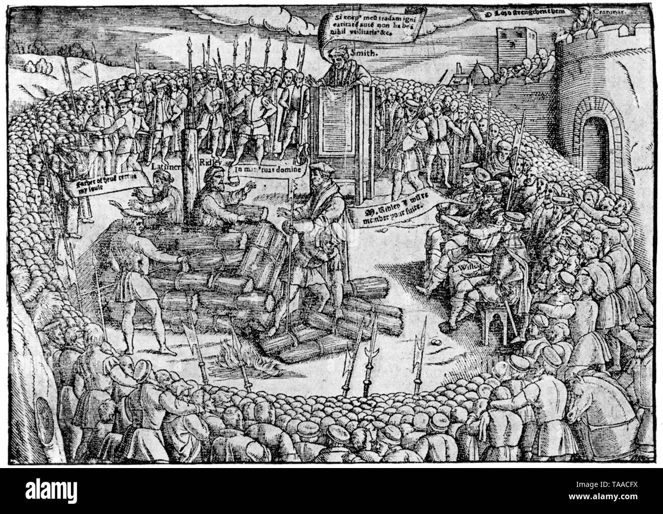 The Burning of Latimer and Ridley at Oxford, 16th October 1555. From John Foxe's 'Book of Martyrs' or 'Actes and Monuments', 1570. Hugh Latimer (c1487-1555) was the pre Reformation Bishop of Worcester and later Church of England chaplain to King Edward VI. Nicholas Ridley (c1500-1555), was the Bishop of London. They were burnt at the stake and were two of the three Oxford Martyrs. Stock Photo