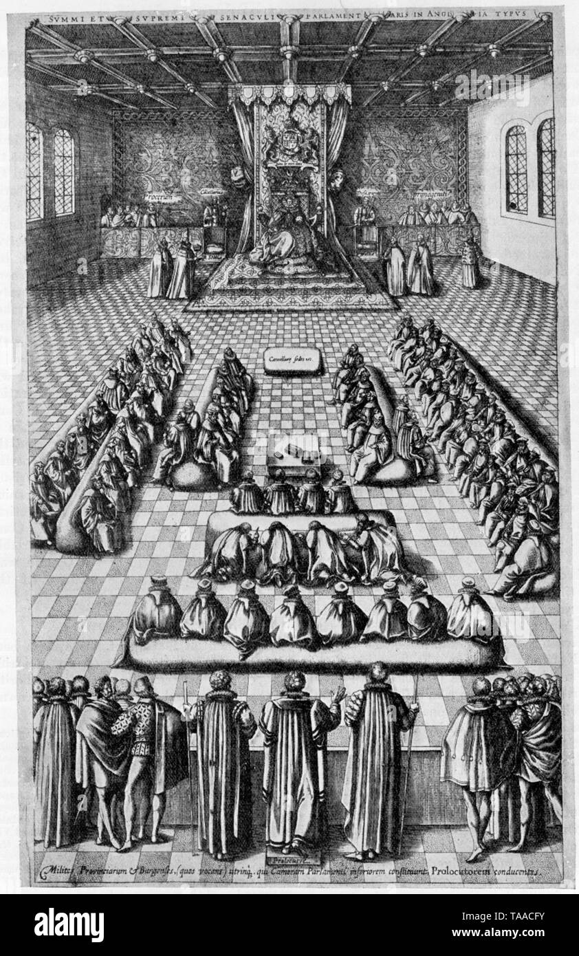 Queen Elizabeth (1533-1603) at the Opening of Parliament. From an engraving in Glover's 'Nobilitas Politica et Civilis', 1608. By Robert Glover (1544-1588). From an engraving in Glover's 'Nobilitas Politica et Civilis', 1608. Stock Photo