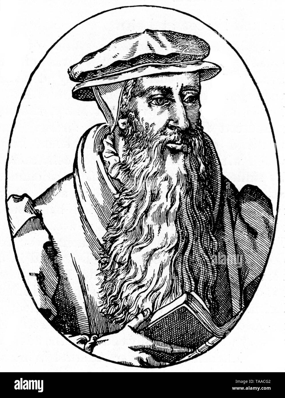 John Knox (c1514-1572). By Theodore Beza (1519-1605). From a woodcut in Theodore Beza's 'Icons', 1580. Scottish clergyman John Knox was a leader of the Protestant Reformation and is considered the founder of the Presbyterian denomination in Scotland. Stock Photo