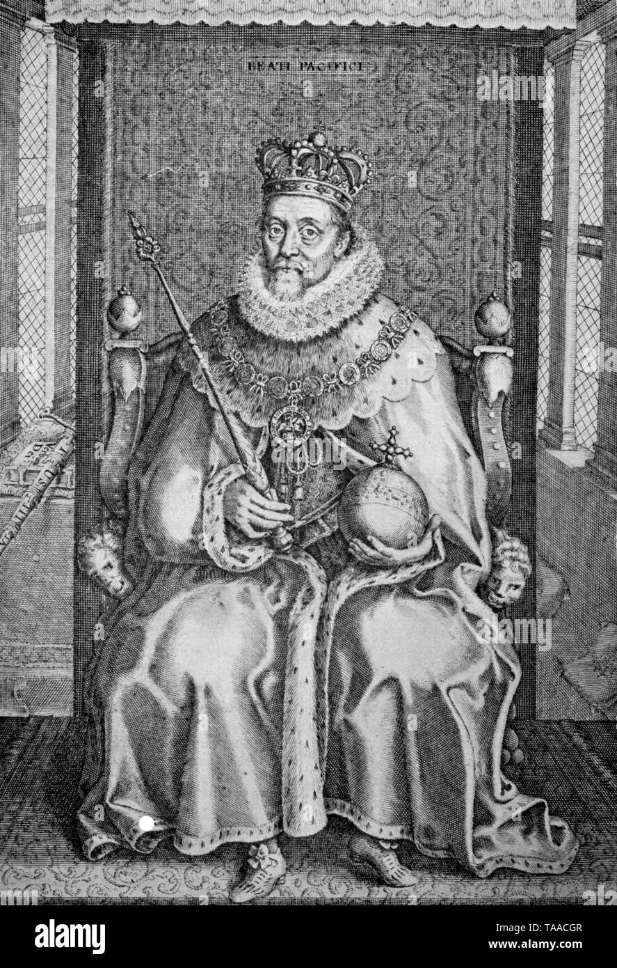 King James I as depicted in the frontispiece to his collected works, published in 1616. James VI and I (1566-1625) was King of Scotland as James VI and King of England and Ireland as James I from the union of the English and Scottish crowns in 1603 until his death. Stock Photo