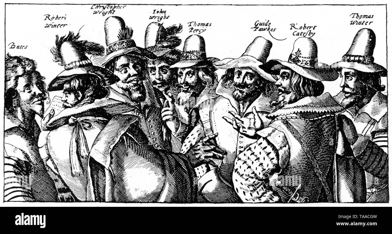 A portrait of the chief conspirators in the Gunpowder Plot, 1605, including Guy Fawkes (1570-1606) and Robert Catesby (c1572-1605). By Simon Van der Passe (c1595-1647). The Gunpowder Plot was a failed assassination attempt against King James I of England and VI of Scotland by a group of provincial English Catholics. Stock Photo