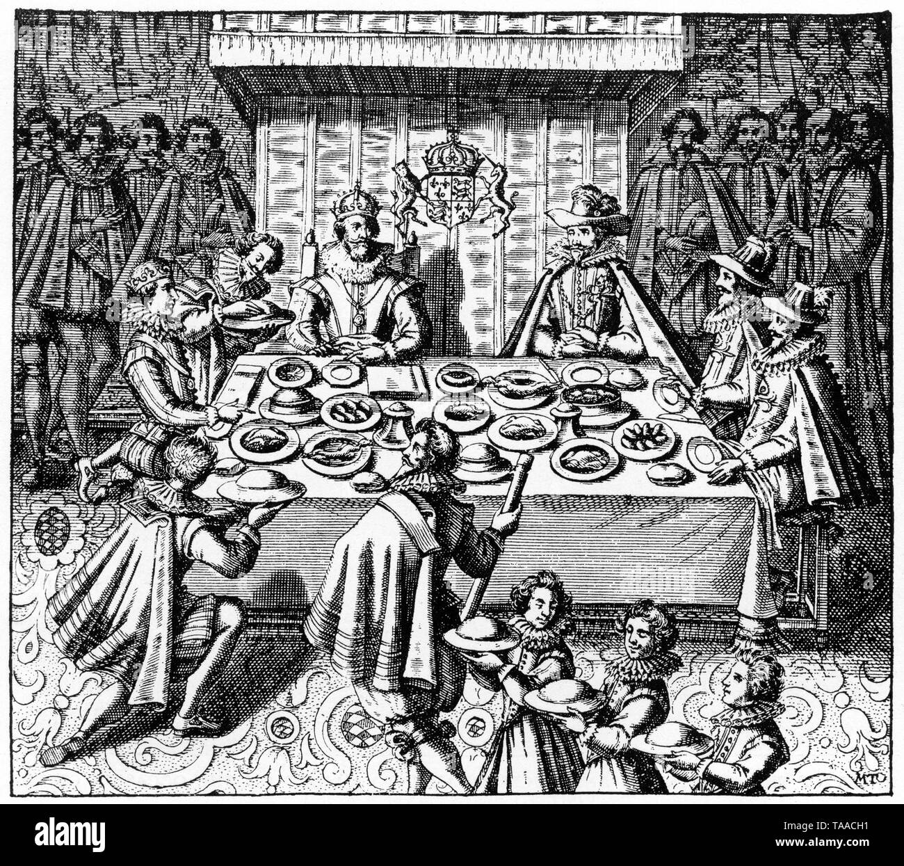 King James I (1566-1625) feasting with the Spanish Ambassador extraordinary who accompanied Prince Charles the future King Charles I (1600-1649) and George Villiers, 1st Duke of Buckingham KG (1592 -1628) on their return from Madrid, 1623. Stock Photo