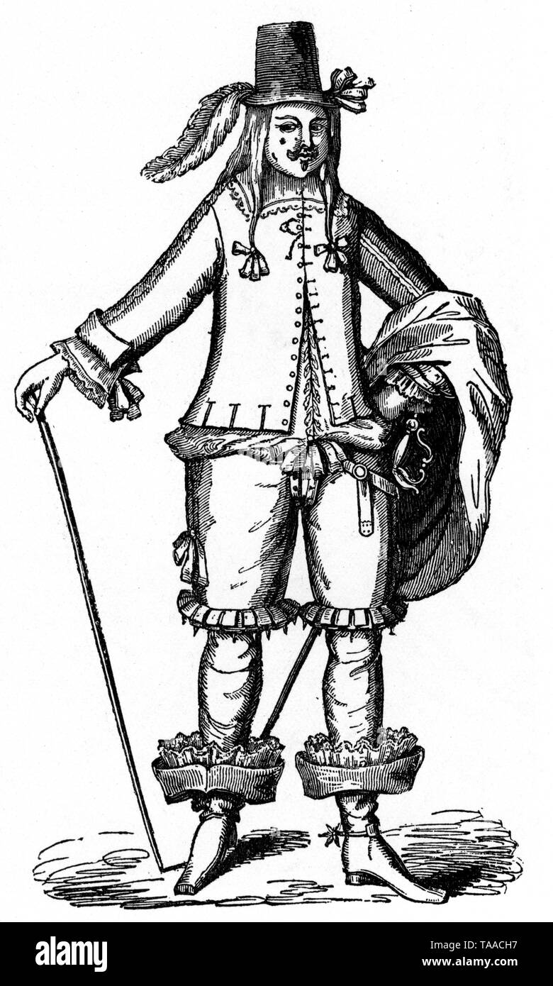 A Cavalier, 1646. From a broadside entitled 'The Picture of an English Anticke', 1646. Cavalier was the name used by Parliamentarians for a Royalist supporters of King Charles I and his son Charles II. Stock Photo