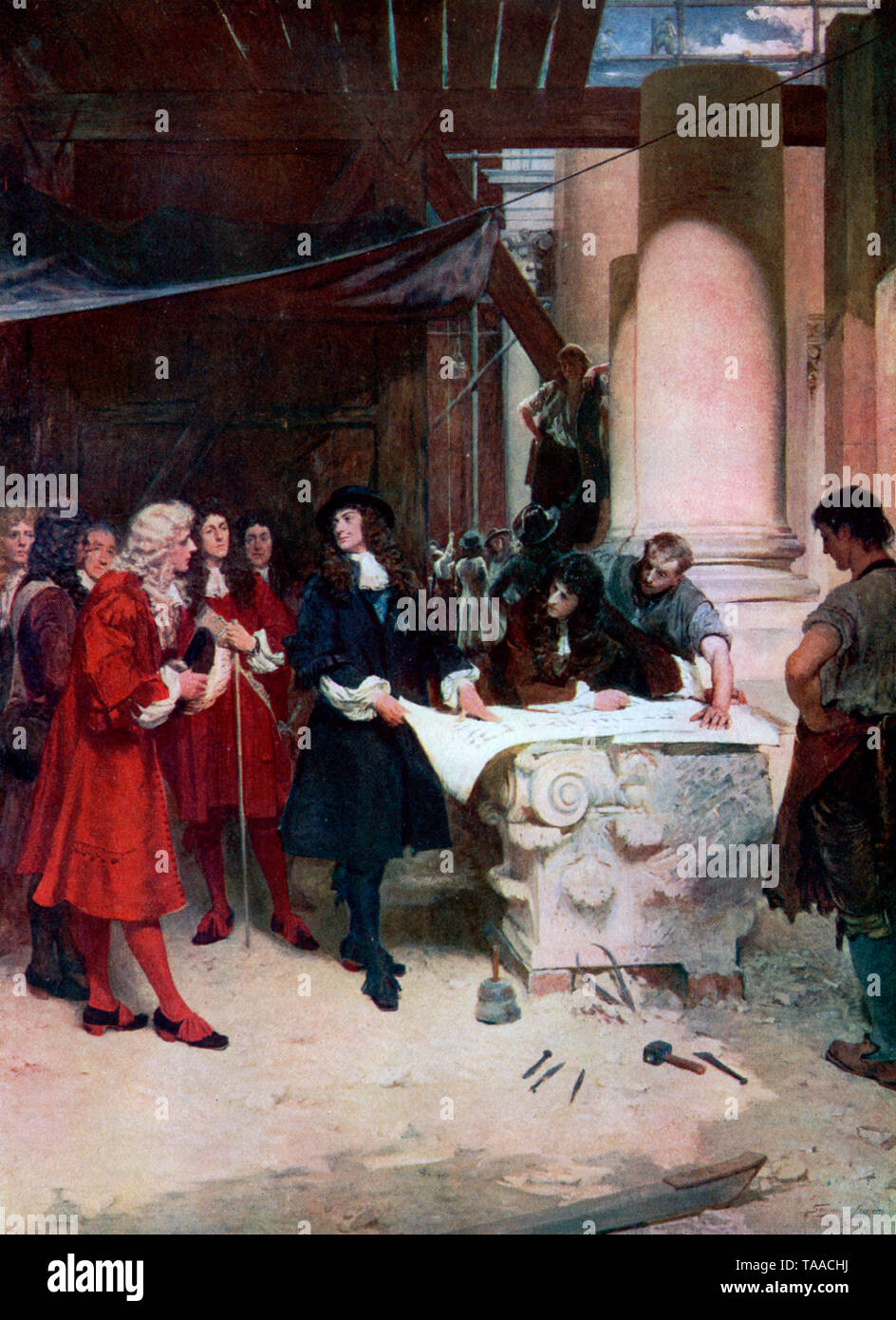 'King Charles's visit to Wren during the Building of St. Paul's'. By John Seymour Lucas (1849-1923). King Charles II (1630-1685) was the personal patron of Sir Christopher Wren (1632-1723). Here we see Charles II visiting Sir Christopher during the construction of the present cathedral which dates from the late 17th century and is in the English Baroque style. The cathedral was completed within Wren's lifetime and was part of a major rebuilding program which took place after the Great Fire of London. Stock Photo