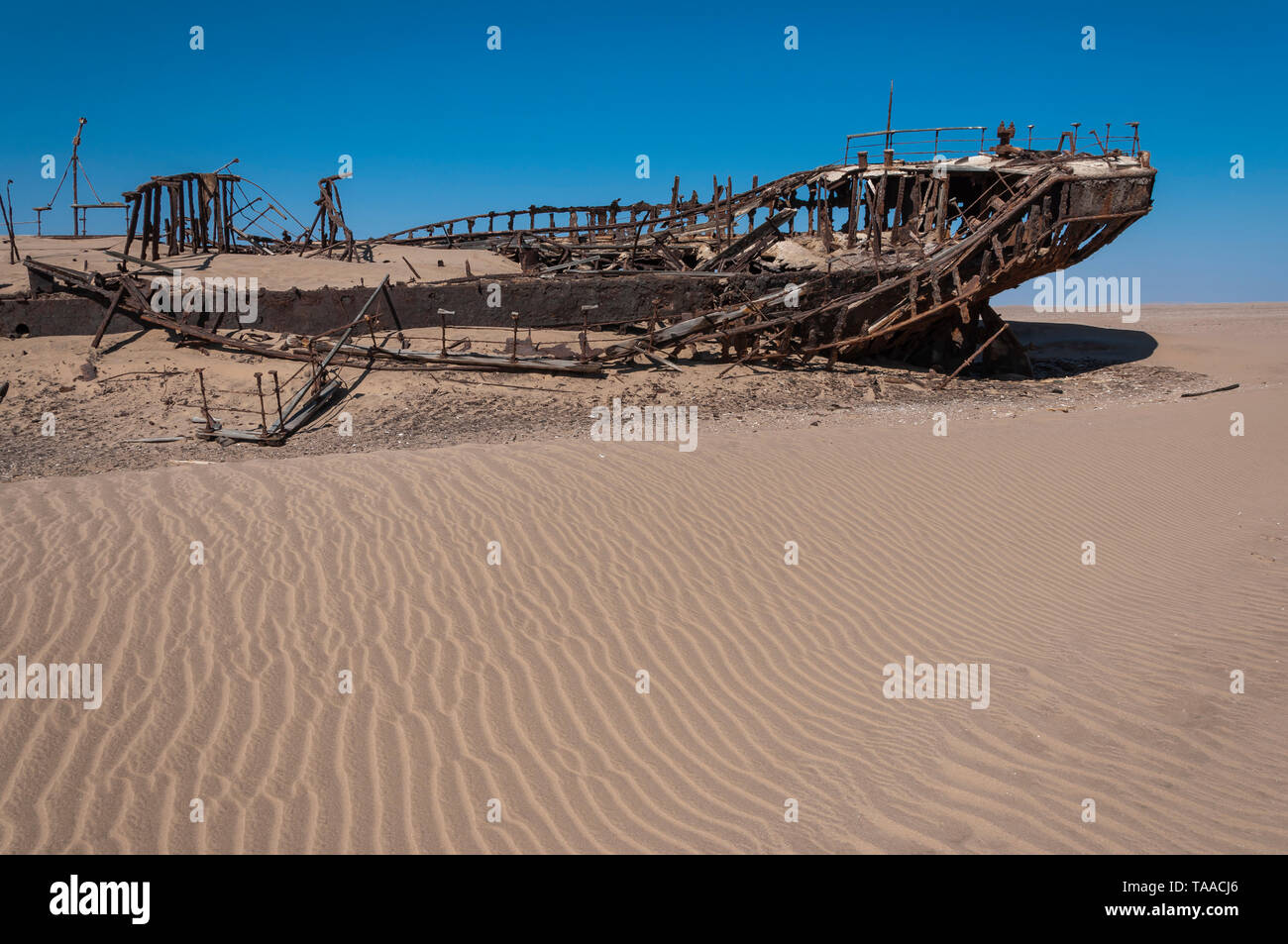 The shipwreck, Eduard Bohlen lies about 500 meters inland today after stranded in 1909 south of Conception Bay, Namibian coast. Stock Photo