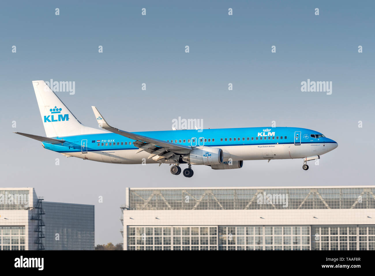 Munich, Germany - 17. October 2018 : KLM Boeing 737-8K2 with the aircraft registration BH-BXK in the approach to the southern runway of the Munich air Stock Photo