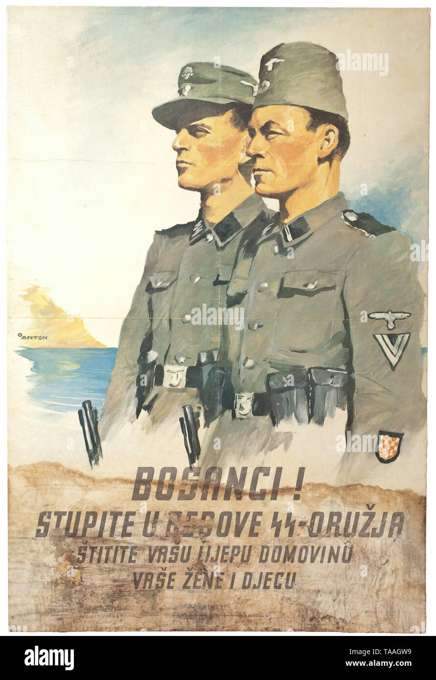 A Croatian promotional poster for the Waffen-SS design by Ottomar Anton (1895 - 1976) historic, historical, 20th century, 1930s, 1940s, Waffen-SS, armed division of the SS, armed service, armed services, NS, National Socialism, Nazism, Third Reich, German Reich, Germany, military, militaria, utensil, piece of equipment, utensils, object, objects, stills, clipping, clippings, cut out, cut-out, cut-outs, fascism, fascistic, National Socialist, Nazi, Nazi period, Editorial-Use-Only Stock Photo