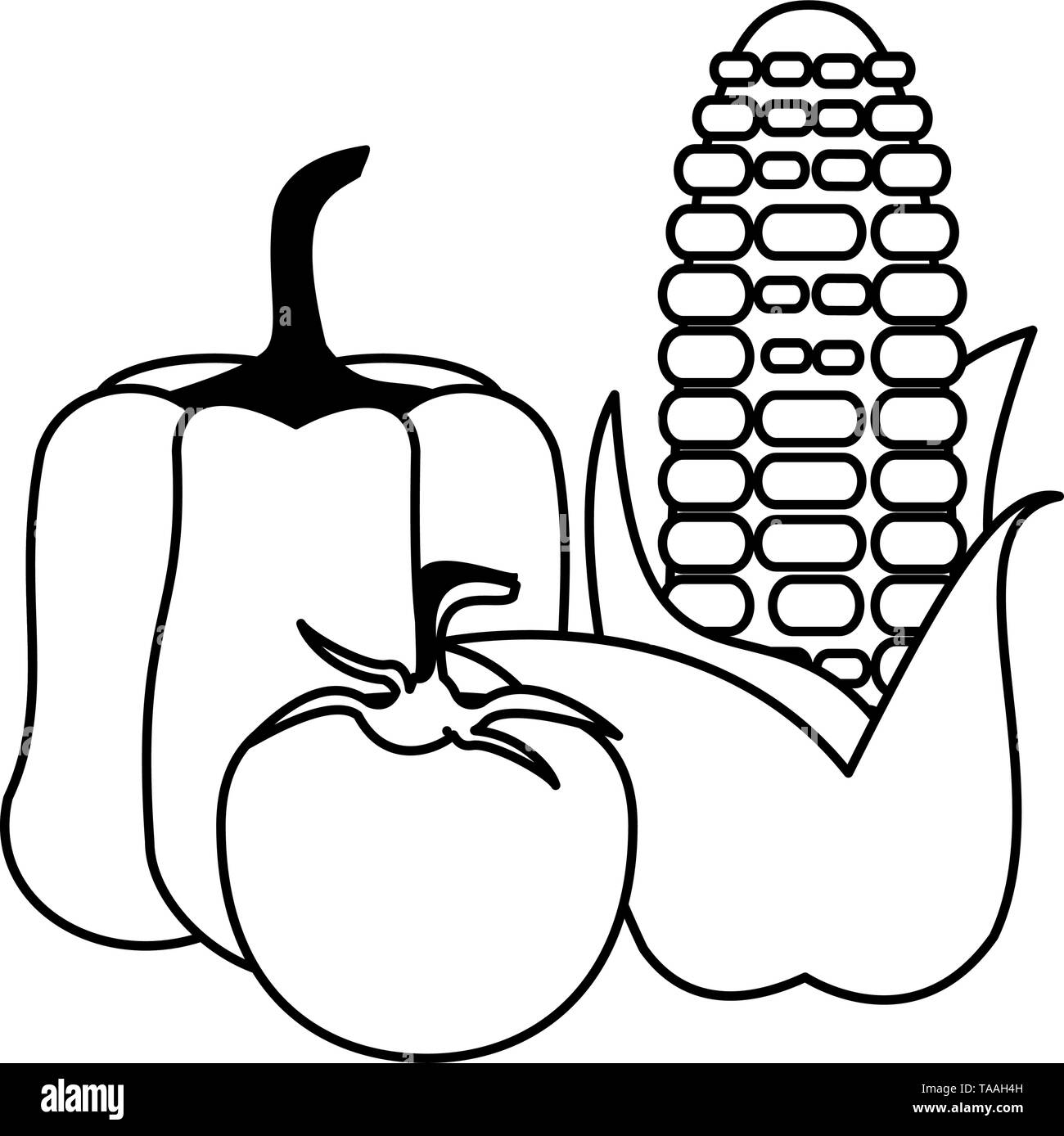 Vegetables fresh food collection cartoon in black and white Stock ...