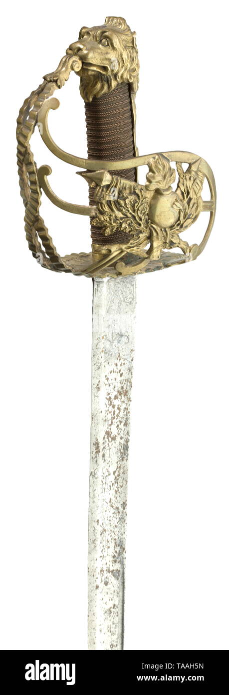 A sabre in the style worn after 1792 Slightly curved, cleaned blade Ã  la Montmorency, indistinct etching with inscription on the lower part. Openwork brass hilt decorated in fine relief, belonging to a sabre for officers of the Volontaires Nationaux, grip with copper wire wrap and finely worked grip strap with lion's head pommel, non-corresponding. Length 92 cm. historic, historical, 18th century, Europe, 18th century, Additional-Rights-Clearance-Info-Not-Available Stock Photo