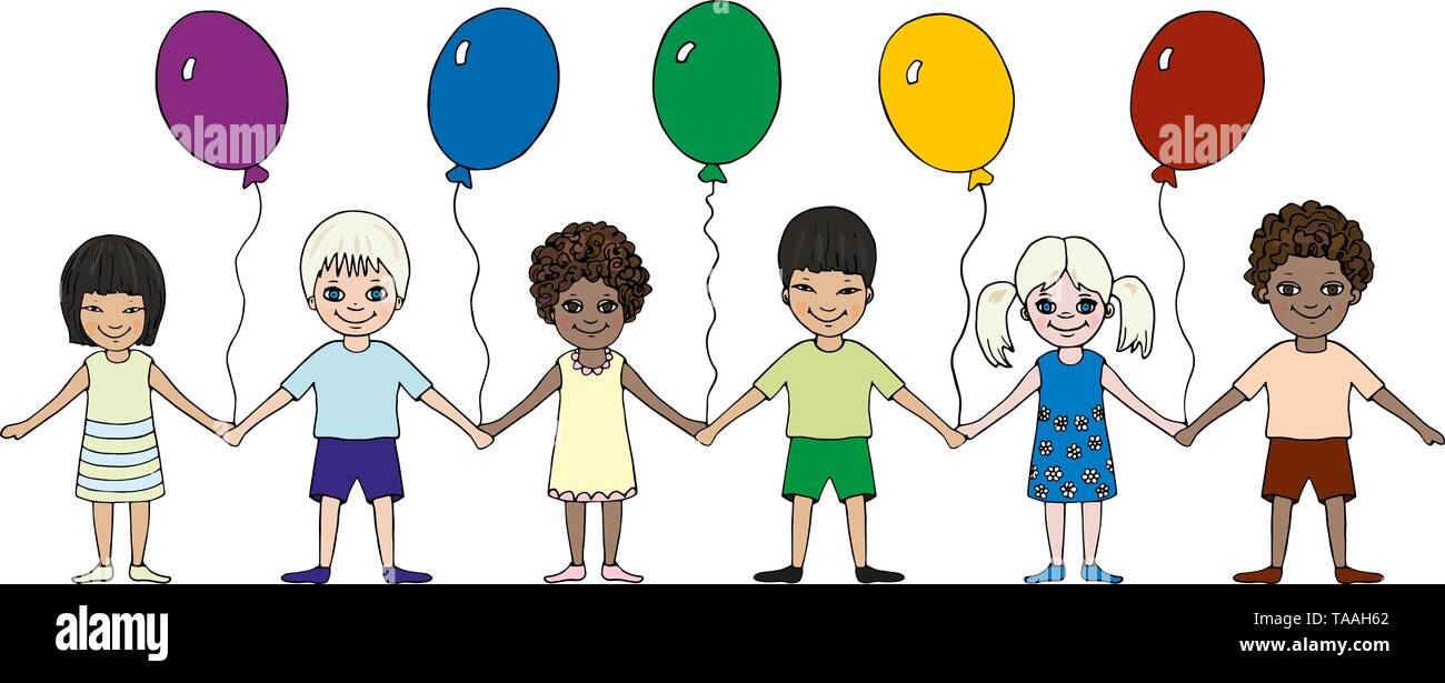 Happy little children of different races hold hands. International Children's Day. Hand drawn. Vector picture Stock Vector