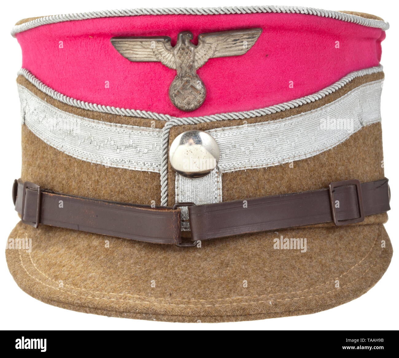 A kepi for Obergruppen-/Gruppenführer of the Ostmark and Südmark units Cap of brown gabardine with band in antique-pink, the top with surrounding silver cord, additional silver cord and 2 cm wide silver braid with band of meander ornament as rank designation of a Gruppenführer or Obergruppenführer woven into it. Silver metal insignia, brown chinstrap. Grey cotton lining (cap trapezoid), brown leather sweatband with name initials 'EF'. Size circa '55'. Very rare. historic, historical, 20th century, 1930s, 1940s, storm battalion, stormtroopers, armed and uniformed branch of t, Editorial-Use-Only Stock Photo