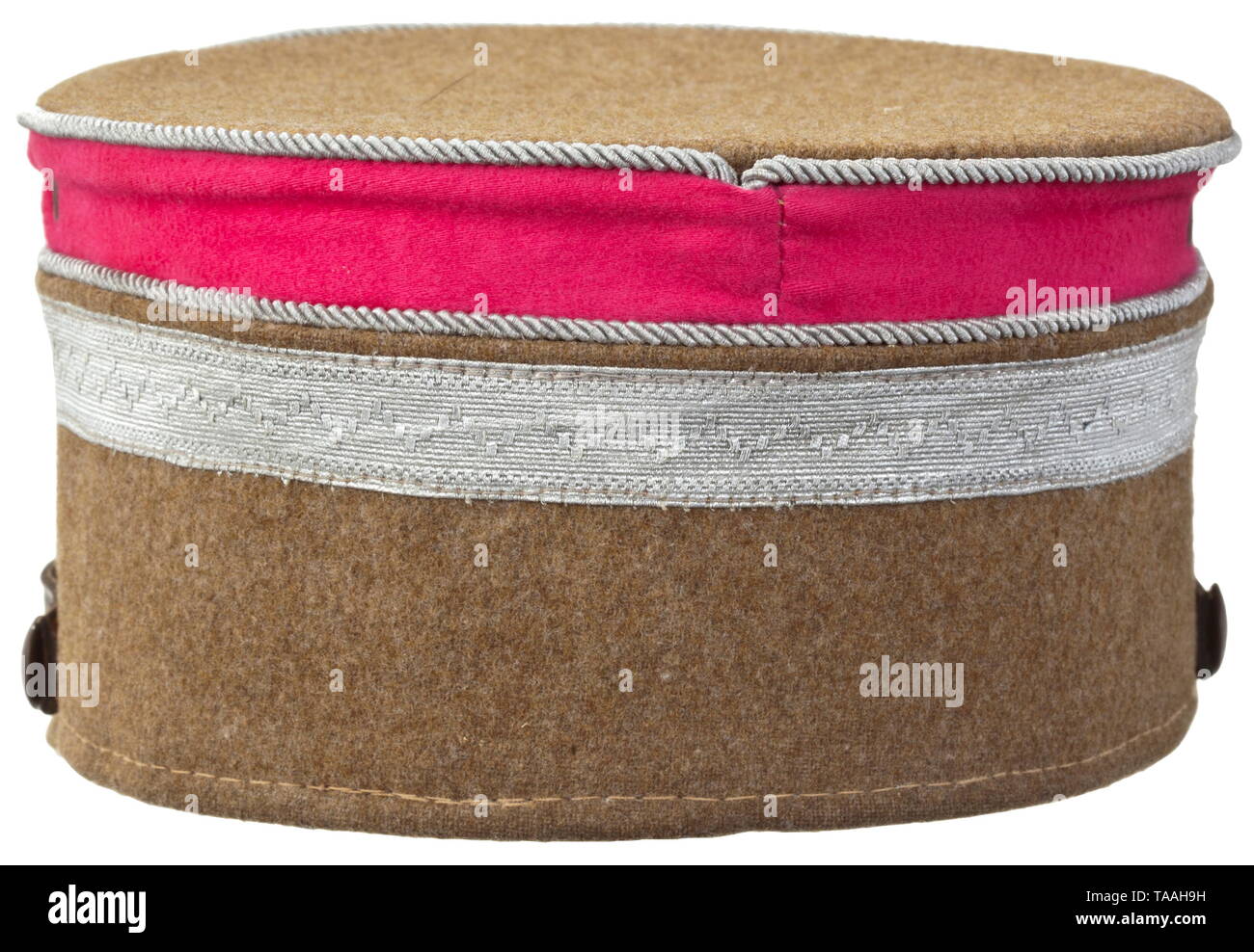 A kepi for Obergruppen-/Gruppenführer of the Ostmark and Südmark units Cap of brown gabardine with band in antique-pink, the top with surrounding silver cord, additional silver cord and 2 cm wide silver braid with band of meander ornament as rank designation of a Gruppenführer or Obergruppenführer woven into it. Silver metal insignia, brown chinstrap. Grey cotton lining (cap trapezoid), brown leather sweatband with name initials 'EF'. Size circa '55'. Very rare. historic, historical, 20th century, 1930s, 1940s, storm battalion, stormtroopers, armed and uniformed branch of t, Editorial-Use-Only Stock Photo