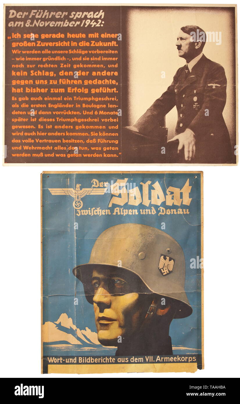 A poster advertising 'Der Soldat zwischen Alpen und Donau' Farbige Darstellung eines Soldatenkopfes mit Stahlhelm, am Unterrand 'Wort- und Bildberichte aus dem VII. Armeekorps'. Gefaltet, unten beschnitten, Maße 50 x 40,5 cm. Dazu 'Der Führer sprach am 8. November 1942', Portrait Hitlers am Rednerpult, daneben Redeauszug, gefaltet, auf Hartkarton aufgezogen, Maße 40,5 x 58,5 cm. Außerdem ein Nachdruck eines französischen Propagandaplakats der Waffen-SS 'Avec tes camarades européens sous le signe SS tu vaincras!', Maße 61 x 91,5 cm. historic, historical, 20th century, Editorial-Use-Only Stock Photo