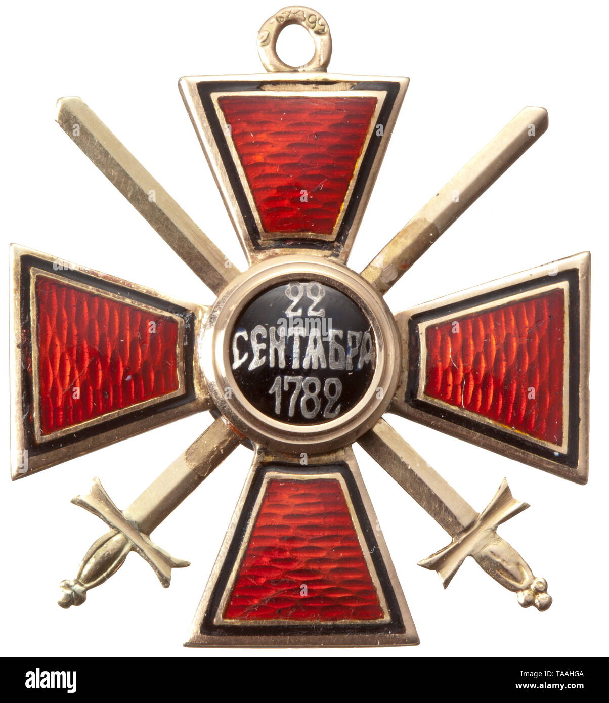 Order of St. Vladimir - a 4th Class Cross with Swords, Russia, circa 1905 Gold and enamel. The eyelet with mark of fineness for '56' zolotniki and illegible master's mark 'AB' (?). Swords and base of the cross arms with traces of soldering, enamel on the upper cross arm chipped. Weight 7.5 g. Dimensions 39 x 35 mm. historic, historical, medal, decoration, medals, decorations, badge of honour, badge of honor, badges of honour, badges of honor, 20th century, Additional-Rights-Clearance-Info-Not-Available Stock Photo