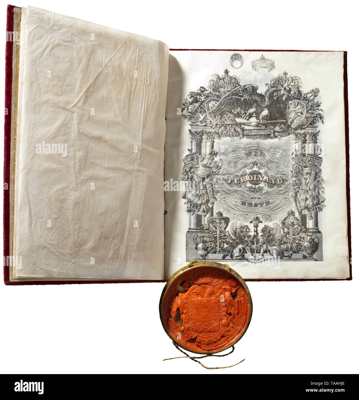 Emperor Ferdinand I (1793 - 1875) - a patent of nobility 'von Montpredil', dated 16 February 1839 Six elaborately fashioned sheets inscribed on both sides, with gold decoration, depicting the hand-painted aristocratic coat of arms. Bestowed upon Ignaz Rauch, major of the imperial bombardier corps, soldier since 1796, decorated in numerous campaigns and battles, in particular as a heroic combatant in the battle of Malborgeth in 1809, for which he received the bravery award in gold, and later in Paunsdorf, Leipzig, Hochheim and others. In 1812 he w, Additional-Rights-Clearance-Info-Not-Available Stock Photo