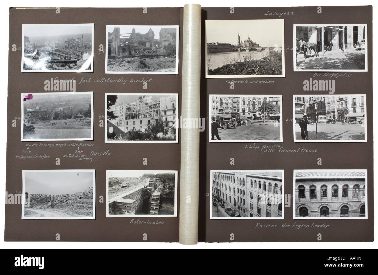A photo album on the Spanish Civil War (1936 - 39) - Legion Condor With more than 280 excellent photographs of technical and geographical features. The album with captions, with information given by a regional manager of the truck section for Spain and Portugal of the company Henschel from Kassel. Several pictures of trucks in use, airplanes, Spanish cities (Burgos, Sevilla, Bilbao, Santander, Teruel, Lerida etc.). Also air raid shelters and positions, marching troops, destroyed buildings, fights at the Ebro, Teruel and Cubla fronts. With a pin for Henschel salesmen in Port, Editorial-Use-Only Stock Photo