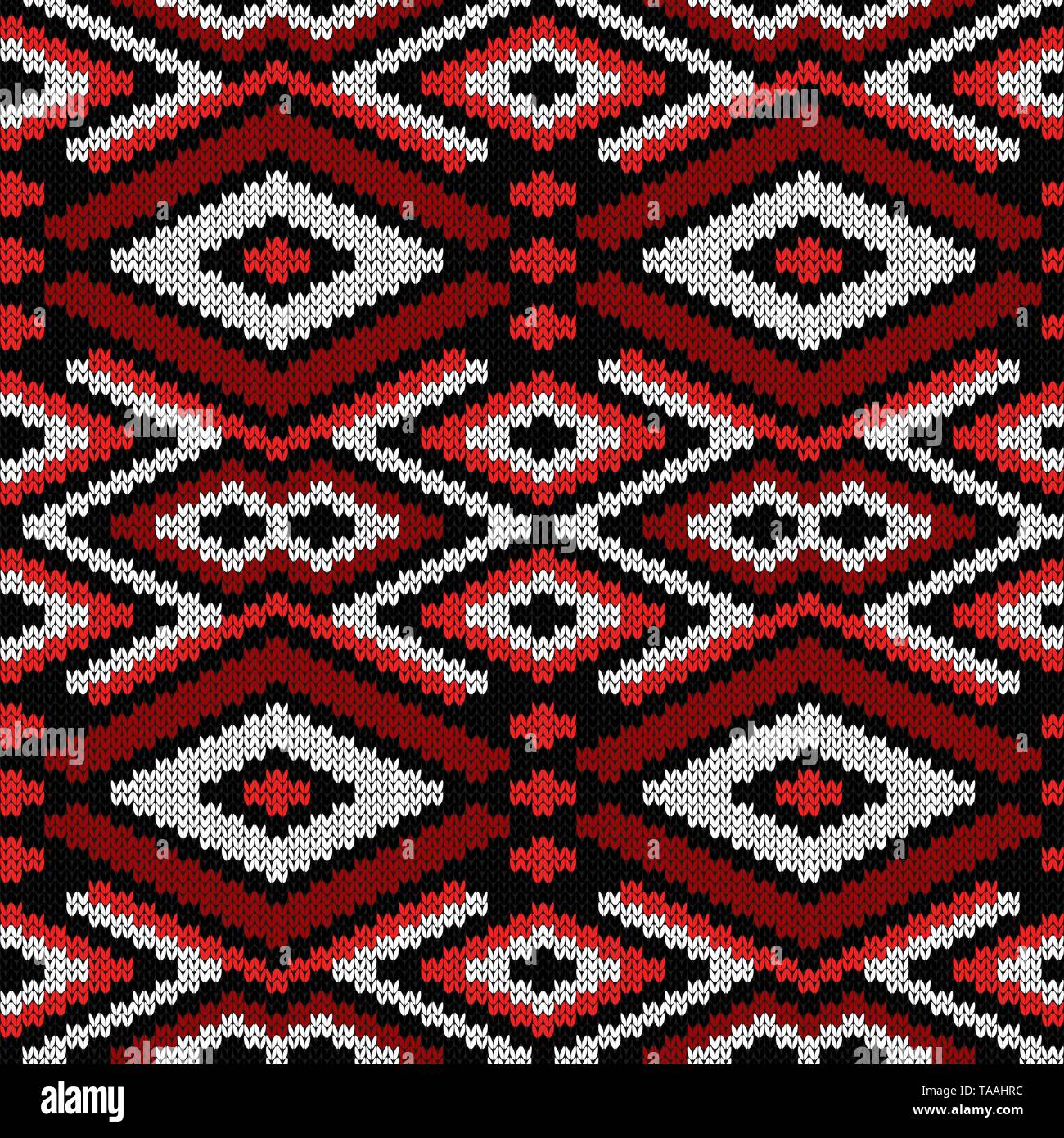 Knitting seamless vector pattern as a fabric texture in black, red and white color as a fabric texture Stock Vector