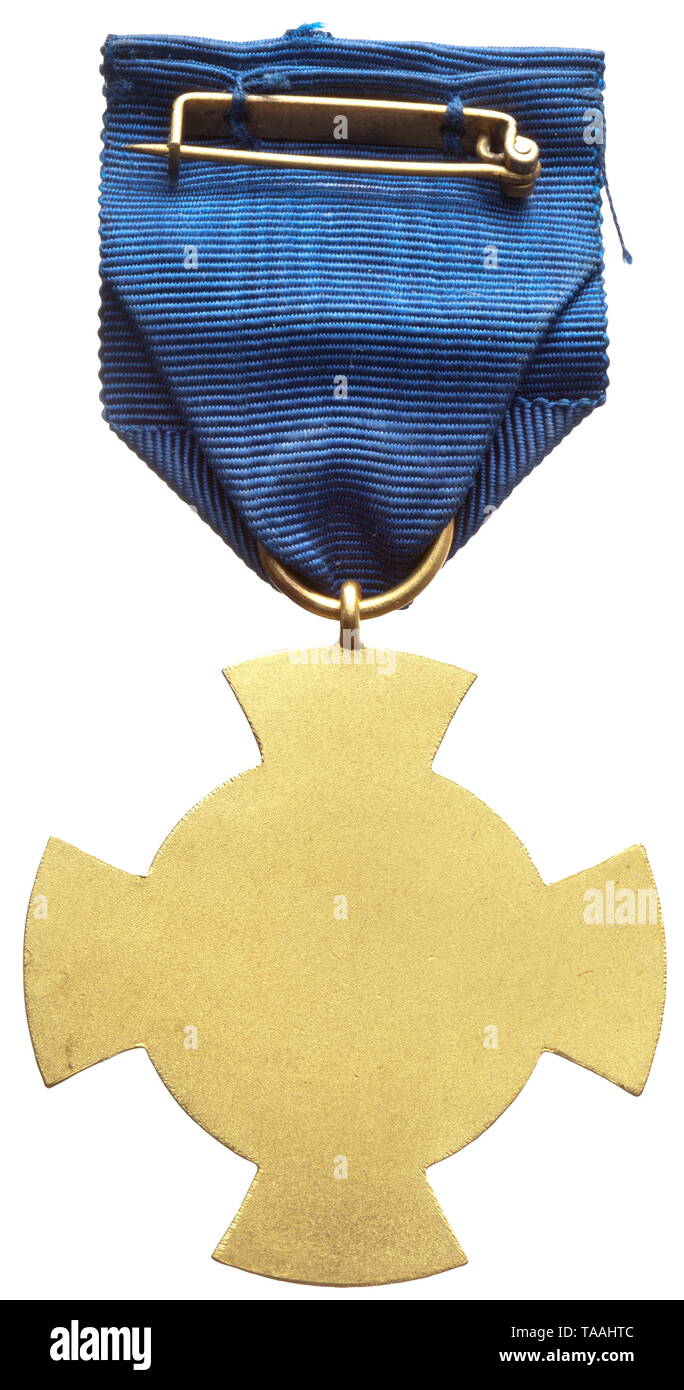 Free City of Danzig - a faithful service decoration in gold (1st class) Cupal, gilt with polished edges, on a blue ribbon for wear. A rare original, as per regulations. historic, historical, awards, award, German Reich, Third Reich, Nazi era, National Socialism, object, objects, stills, medal, decoration, medals, decorations, clipping, cut out, cut-out, cut-outs, honor, honour, National Socialist, Nazi, Nazi period, 20th century, Editorial-Use-Only Stock Photo