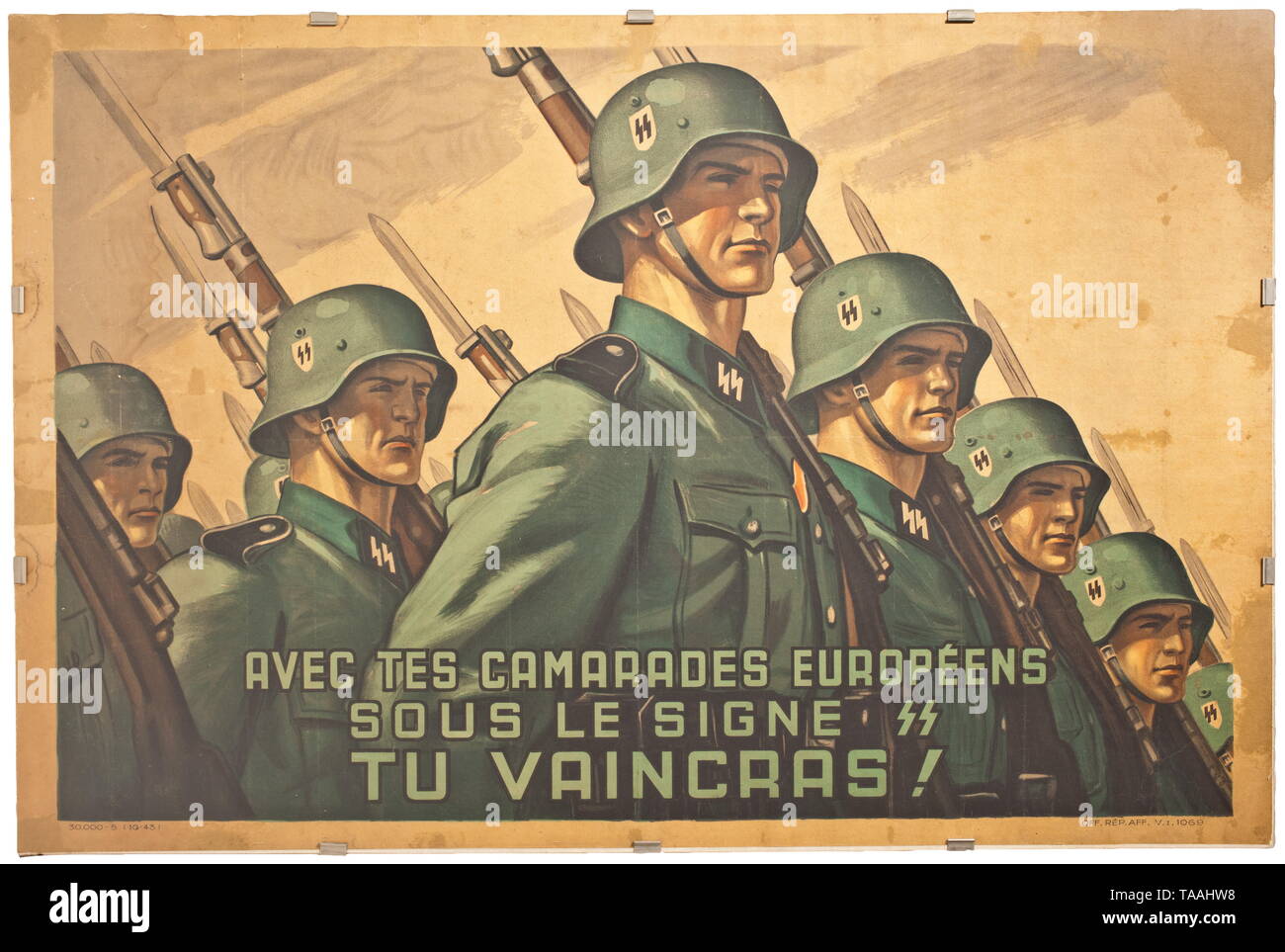 A French propaganda poster advertising the Waffen-SS Depiction in colour of marching SS men wearing steel helmets and with shouldered rifles, text in green 'Avec tes camarades européens sous le signe SS tu vaincras!', at the lower edge '30.000 - 5 (1Q - 43)' and 'Off.Rep.Aff. V.I. 1069'. Folded, minimal damage, mounted on linen. Dimensions 79 x 119 cm. Very rare. historic, historical, 20th century, 1930s, 1940s, Waffen-SS, armed division of the SS, armed service, armed services, NS, National Socialism, Nazism, Third Reich, German Reich, Germany, military, militaria, utensil, Editorial-Use-Only Stock Photo