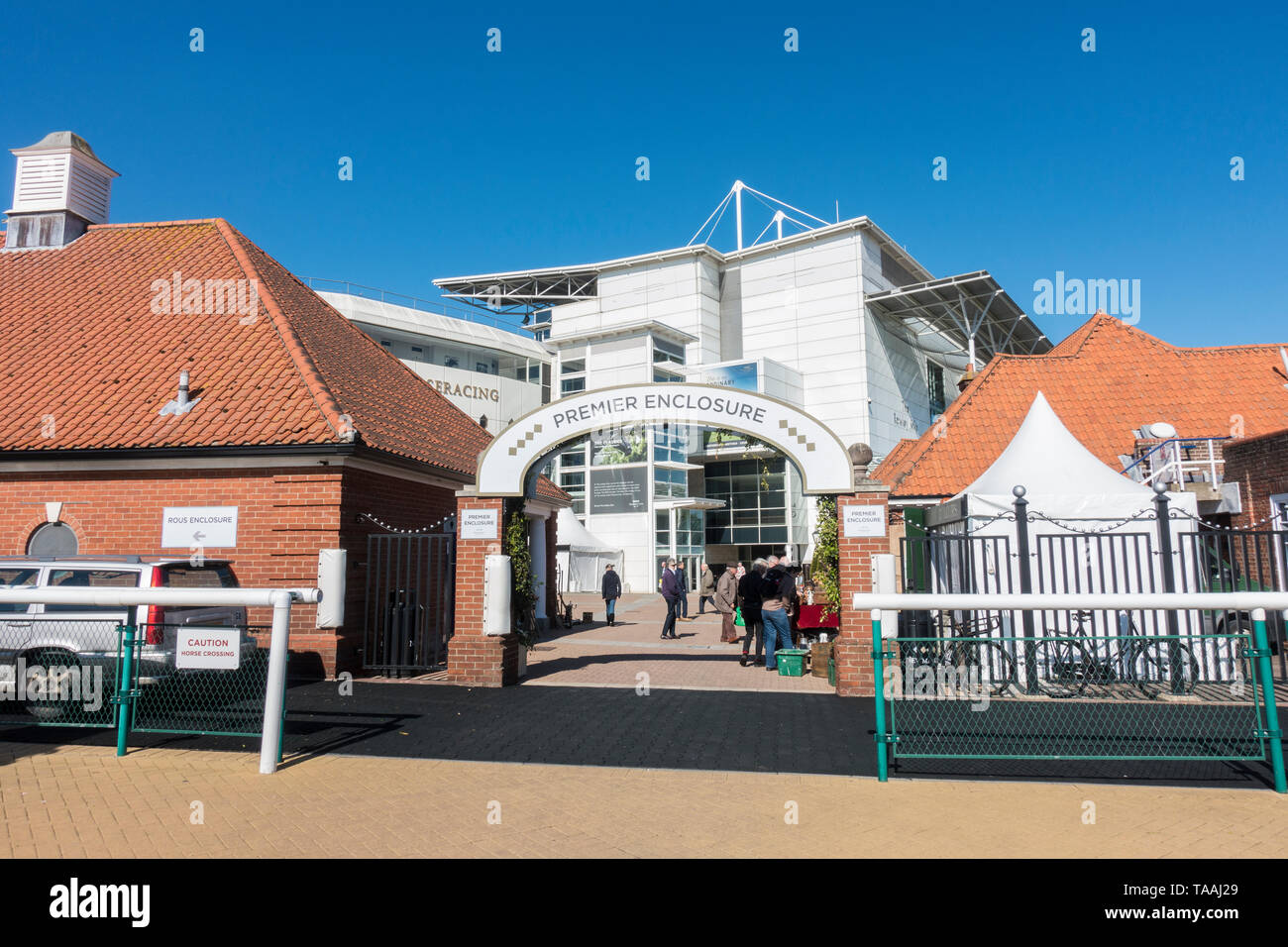 Entrance to Rowley Mile racecourse Newmarket 2019 Stock Photo