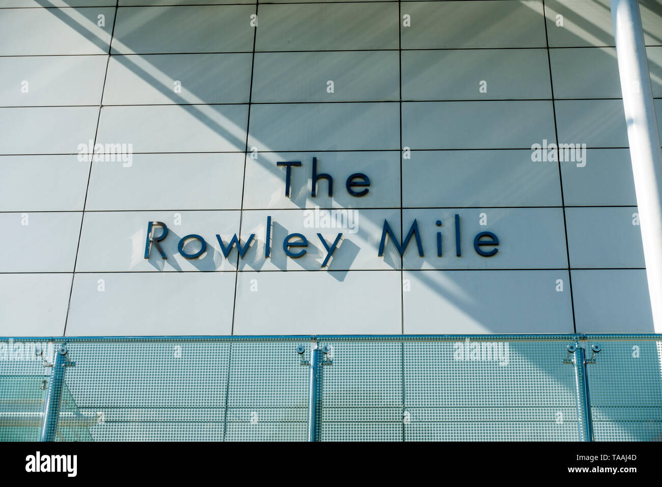 The Rowley Mile wording on the Millenium grandstand Newmarket 2019 Stock Photo